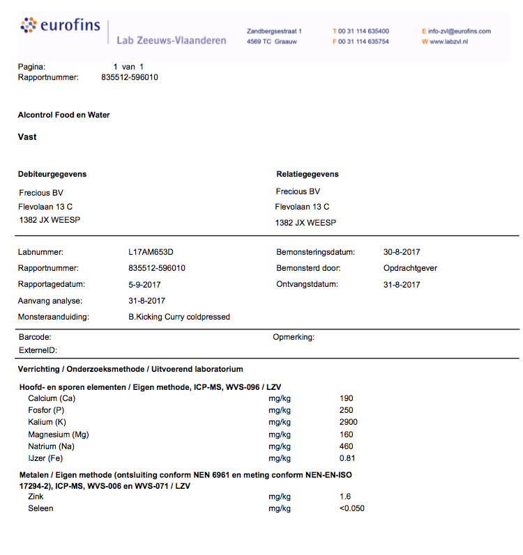 Laboratorium voedingswaarde analyse coldpress